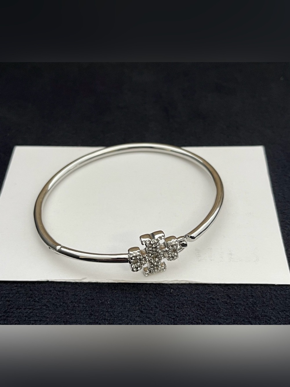 Tory Burch Silver Crystal Logo Hinge Bracelet